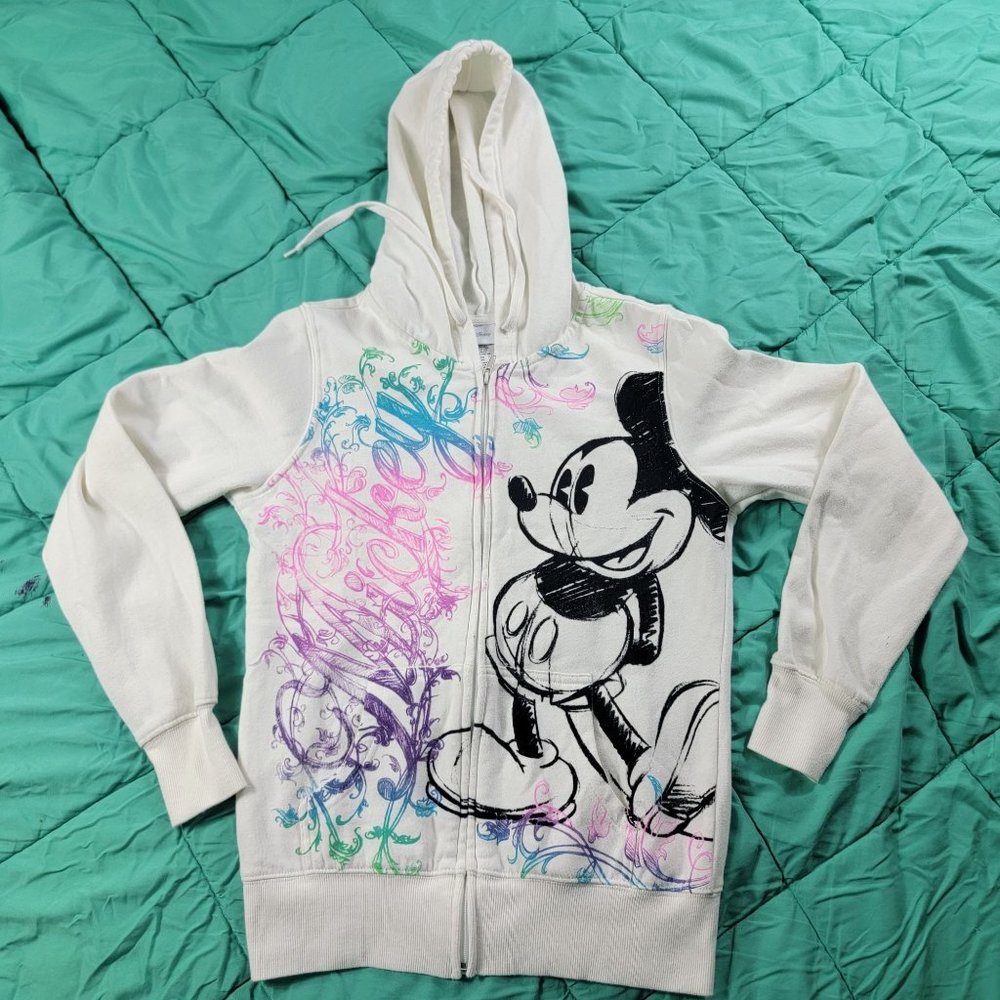 Disney Girls Small White Sweater Mickey Mouse Full Zip Hoodie Sweat Shirt
